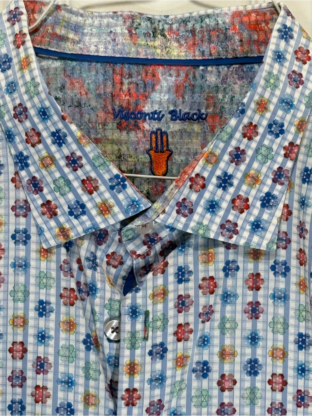 Visconti Black Men's Blue Floral Grid Casual Button-Down Shirt